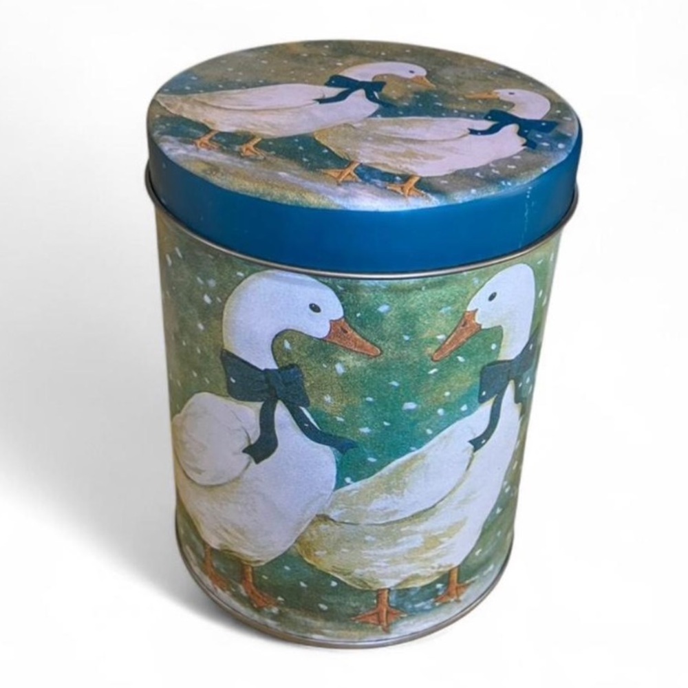 Goose with Blue Ribbon Patterned Tin Container